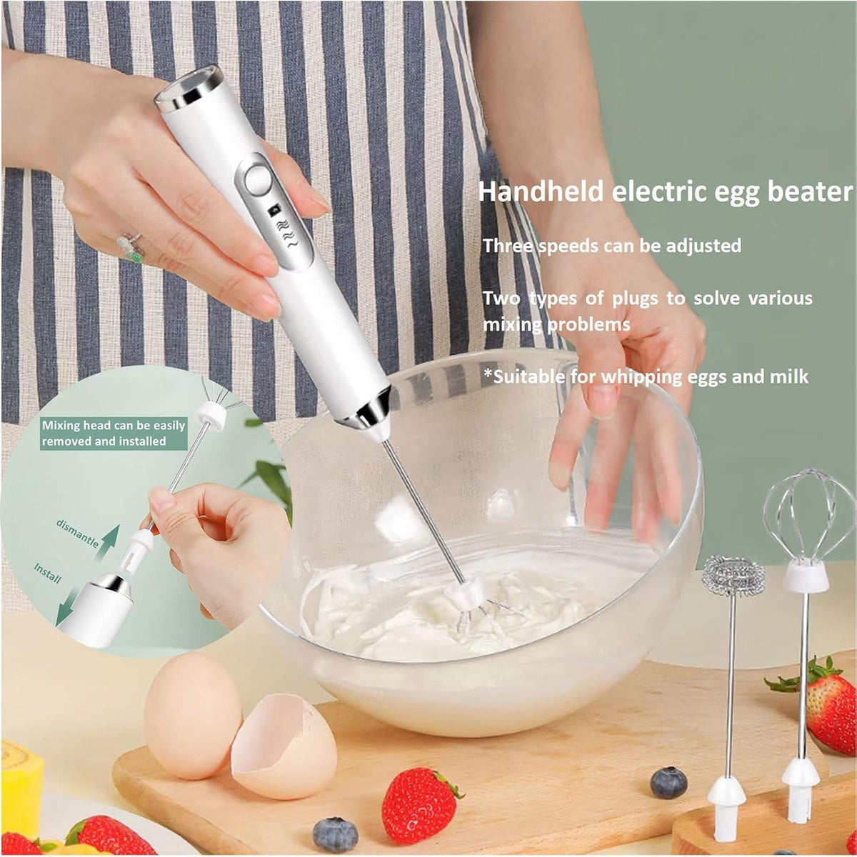 Rechargeable Milk Frother - 3-Speed Electric Handheld Coffee Mixer With 2 Whisks and Decoration Tool, Stand-up Design for Latte, Cappuccino