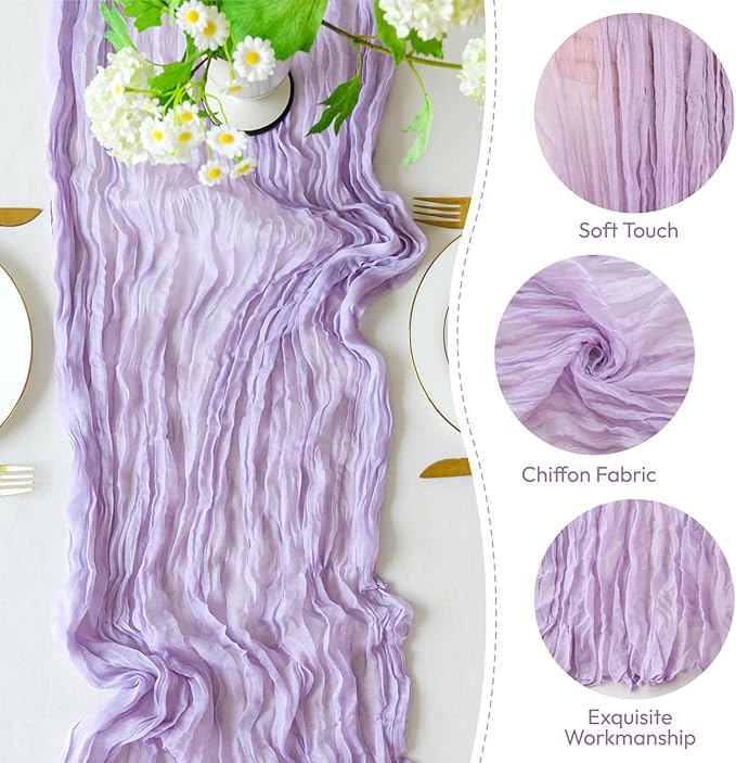 Sioloc 10 Pack Lilac Purple Lavender Cheesecloth Table Runner 120'' x 35'',Spring Easter Decor Soft Gauze Boho Wedding Table Decor for 10ft Table Birthday Party,Baby Shower, Bridal Shower