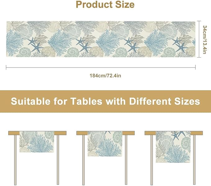 Blue Teal Coral Table Runners, Summer Beach Starfish Coastal Coffee Table Runners for Wedding Party Banquet Dining Holiday 13x90in