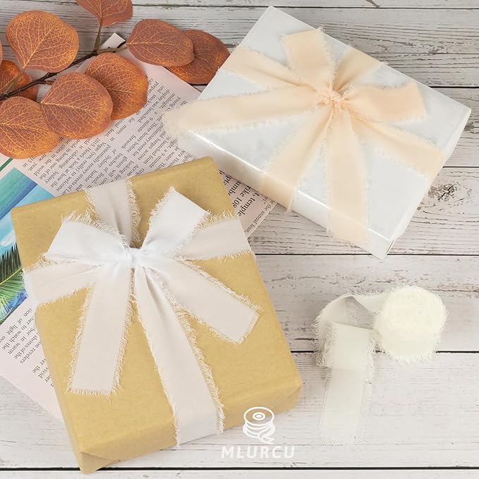White Chiffon Ribbon 1 Inch x 21Yds Handmade Fringe Chiffon Silk Ribbon White/Cream/Nude Frayed Chiffon Ribbon for Wedding Invitation Flower Bouquets Gift Wrapping Bridal Shower Baby Shower