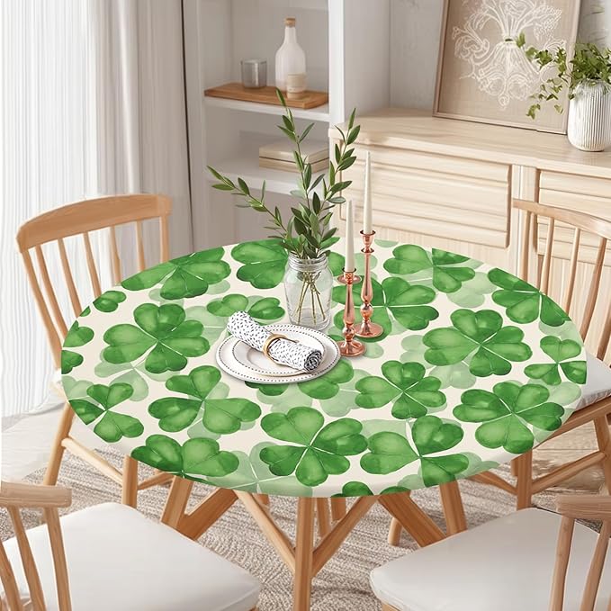 St Patricks Day Round Fitted Tablecloth with Elastic Spring Green Watercolor Shamrock Circle Table Cloth for 36-40" Tables Waterproof Washable Clover Leaf Floral Table Cover for Outdoor Picnic Dining
