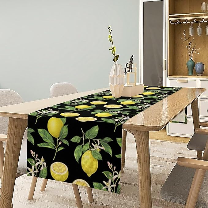 Watercolor Lemon Table Runner, Spring Summer Seasonal Green Leaves Flowers Yellow Fruits Print Table Runner for Farmhouse Kitchen Dining Table Home Party Indoor Decor 13x90in