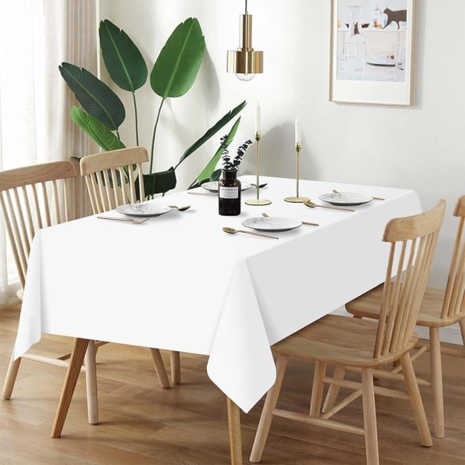QIKSION White Plastic Table Cloth Disposable 6 Pack, 54 x 108 Inch Tablecloths for Party, Picnic, Birthday, Rectangle Table Cover