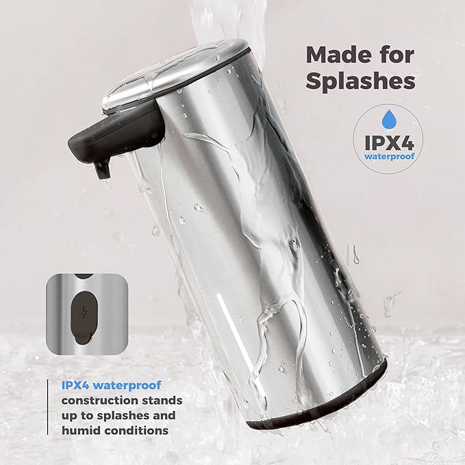 Sineng Automatic Soap Dispenser Touchless, 304 Stainless Steel Liquid Hand Soap Dispenser, 8.5oz/250ml 2 Adjustable Levels Water-Resistant and Rechargeable Kitchen Bathroom Soap Dispenser