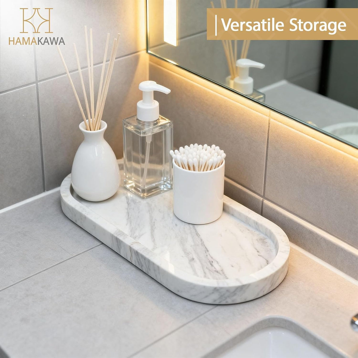 Bathroom Vanity Tray, Large Natural Marble Oval Sink Tray 10 Inch, Jazz White Limestone Dresser Tray for Soap Dispenser Modern Countertop Organizer