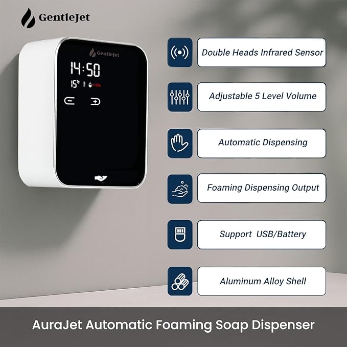 GentleJet AuraJet Automatic Foaming Soap Dispenser Wall Mount – Touchless Sensor, LED Display, 5 Foam Levels, Rechargable USB-C or Battery Powered, Aluminum Alloy, 480 ml Refillable