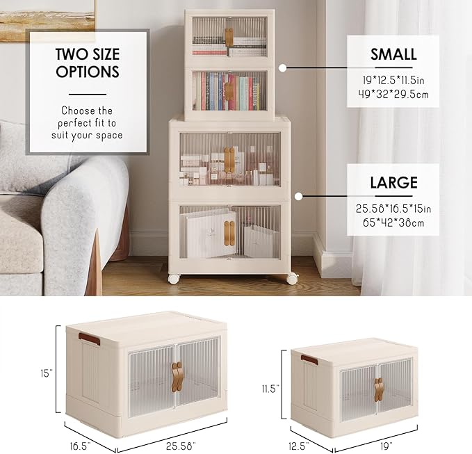 1 Tier Large Stackable Storage Bins with Lids Open Front & 360° Wheels 84.5 QT - Collapsible Storage Bins Home Office Closet Storage Organization, Foldable Clothes Storage Cabinet, 21 GAL