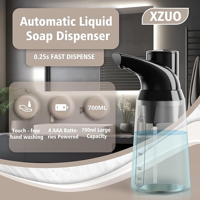 Automatic Soap Dispenser Touchless, 23.7 oz/ 700 ml, Low Battery Liquid Soap Bottle with Motion Sensor for Bathroom & Kitchen (Black-Battery)