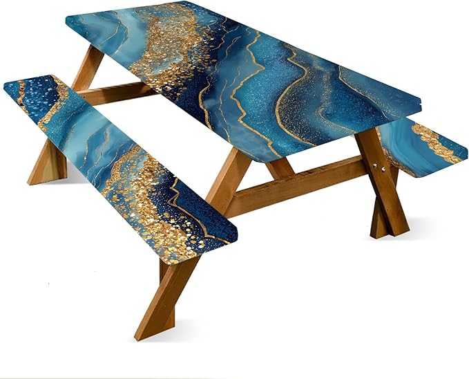 ANNA QUEEN 6FT Blue Marble Picnic Table Cover with Bench Covers Picnic Table Cover Set 3PCS 72"x30", Waterproof Outdoor Bench and Tablecloth Furniture Protection for Camping