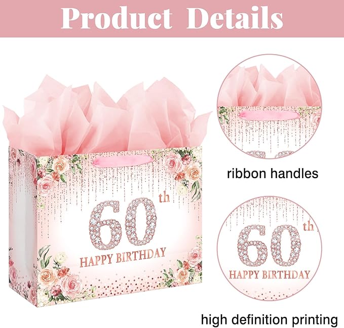 Laidans Rose Gold 60th Happy Birthday Gift Bag with Tissue Paper and Card for Women Party Supplies (Rose Gold) (60th)