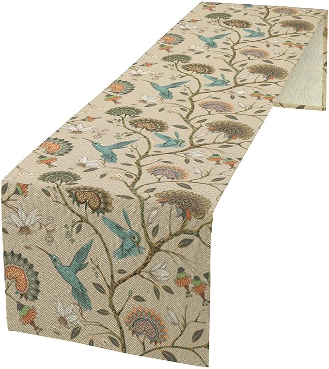 Floral Bird Table Runner,Vintage Boho Flower Birds Print William Morris Style Table Runner for Kitchen Dining Table Holiday Home Party Decor 13x70in