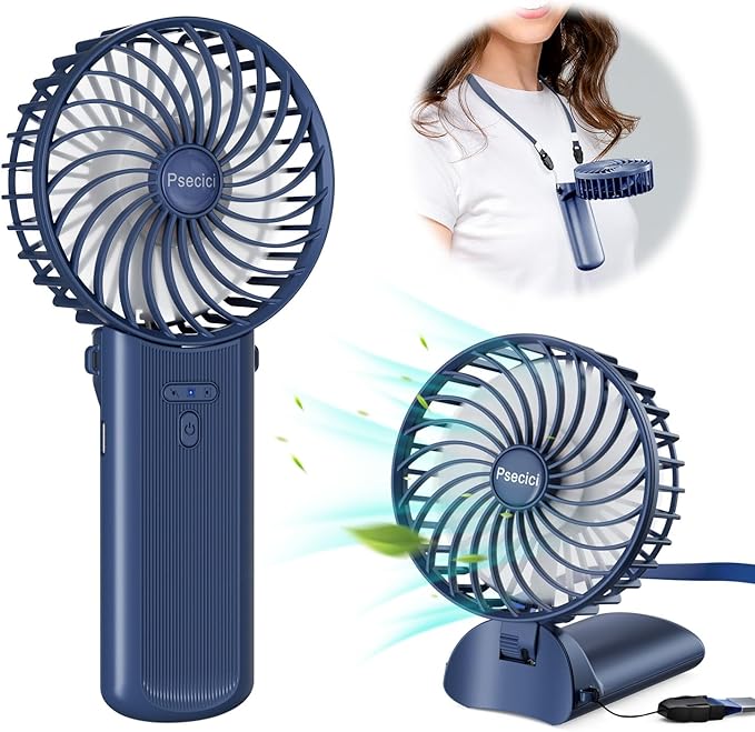 Psecici Handheld Fan, Mini Portable Personal Fan with lanyard, 4 Speeds Level 180° Foldable Design for Desk/Travel/Office/Outdoor