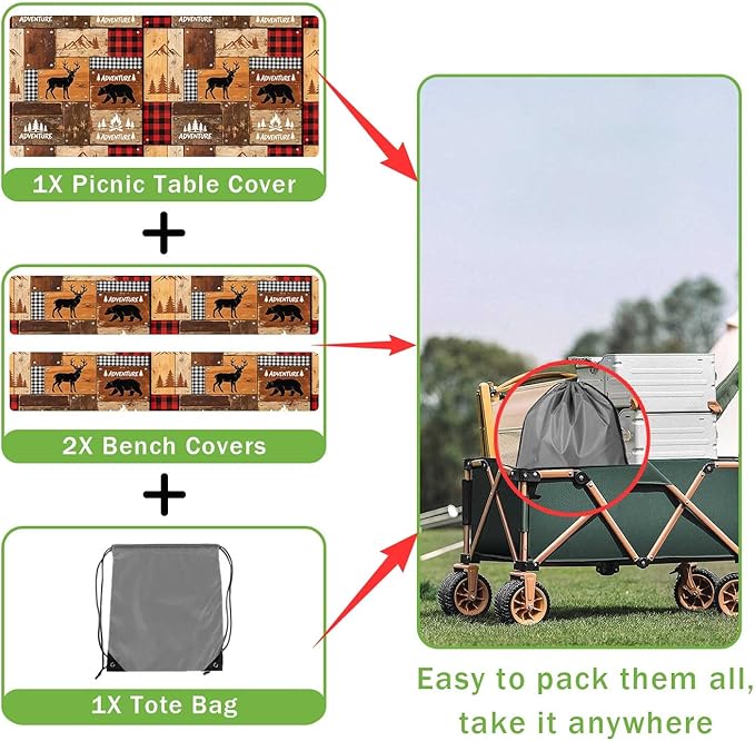 JAWO Rustic Cabin Style Picnic Table Cover with Bench Covers, Elastic Fitted Tablecloth, Lumberjack Buffalo Plaid & Bear Deer Adventure Pattern for Camping, Hunting Trips, 60x30 Inch