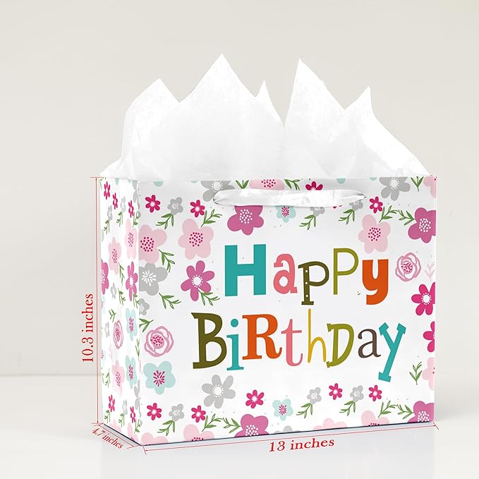 Febbleshow Pink Floral Birthday Gift Bags with Tissue Paper for Women Girls Kids - Colorful Letter Design with Pink Flowers Gift Bag - 13"x10.3"x4.7" (Pack of 2)