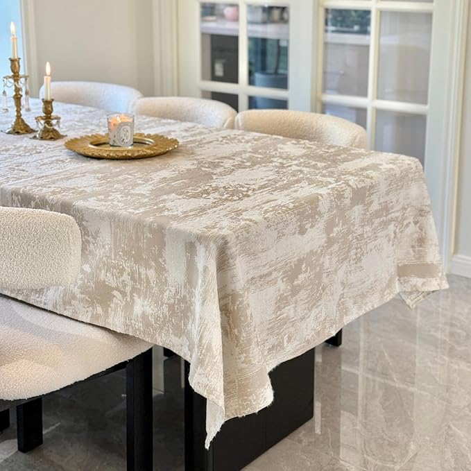 Beige Rectangle Tablecloth, Jacquard Spillproof Waterproof Table Cloth, Soft Thick Decorative Fabric Table Cover for Dining, Party, Wedding, Kitchen, Farmhouse, 70 x 140 Inch
