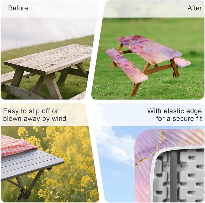 ANNA QUEEN 6FT Pink Marble Outdoor Table Cover with Bench Covers Picnic Table Cover Set 3PCS 72"x30", Outdoor Bench and Tablecloth Furniture Protection
