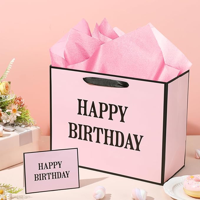 Yomaiha Pink Happy Birthday Gift Bag for Women Girls, Birthday Wrapping Paper Bag with Tissue and Card Pink Black Birth day Party Favors Supplies Decorations 11.8x9.4x5.3 inches