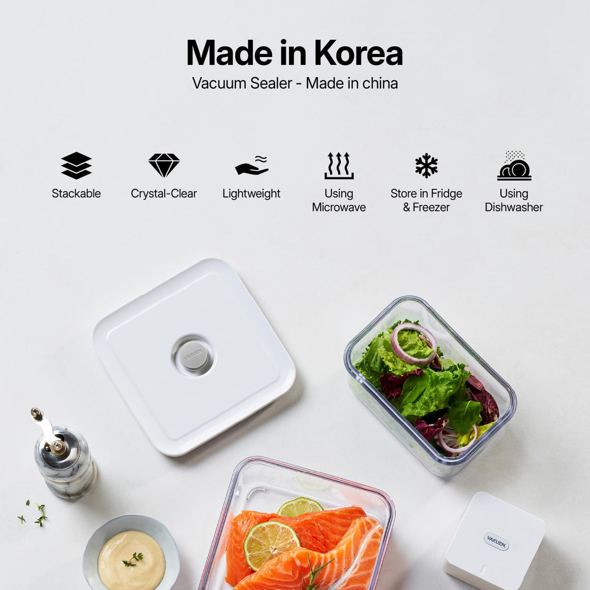 Vakuen Premium Airtight Food Storage Container. Meal Prep 0.85qt 5pc/Set. 4pcs Container and Vacuum Sealer. Patented Double Silicone Lining