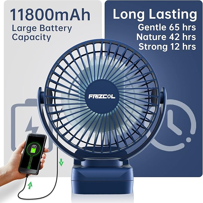 Clip on Fan 65 Hours Portable Desk Fan Rechargeable with LED Lights & Hooks 12000 Capacity Battery Operated Fan with Clips Small Desk Fan Mini Fans for Tents Travel Outdoor Camping Golf Cart Stroller