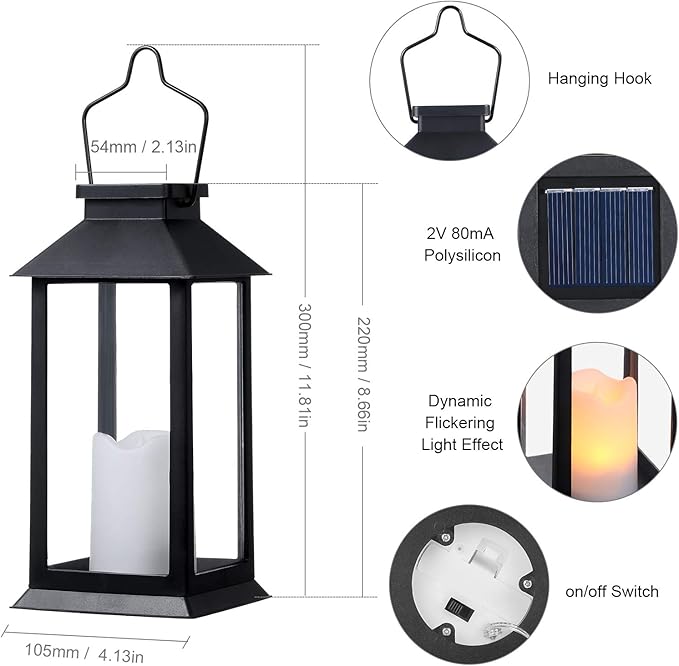 Tomshine 2 Pack Solar Lanterns, Outdoor Garden Hanging Lanterns, 11.8 Inch LED Flickering Flameless Candle Mission Lights for Yard, Table, Patio (Black)