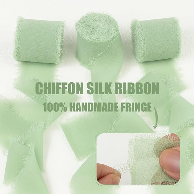 Sage Green Chiffon Ribbon 1-1/2 Inch x 21Yards Handmade Fringe Chiffon Silk Ribbon Boho Frayed Ribbon Sage Green Ribbon for Gift Wrapping, Wedding Invitation, Bridal Flower Bouquets