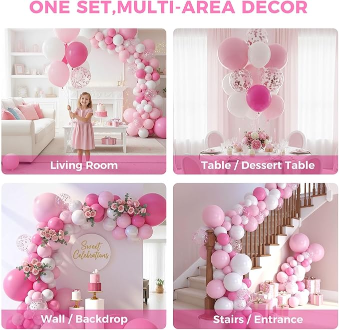 LovesTown Pink Balloon Garland Kit, 150PCS Arch Kit Pastel Light Pink White Balloons Pink Confetti Metallic Latex Balloons for Wedding Party Decorations (Pack of 2)