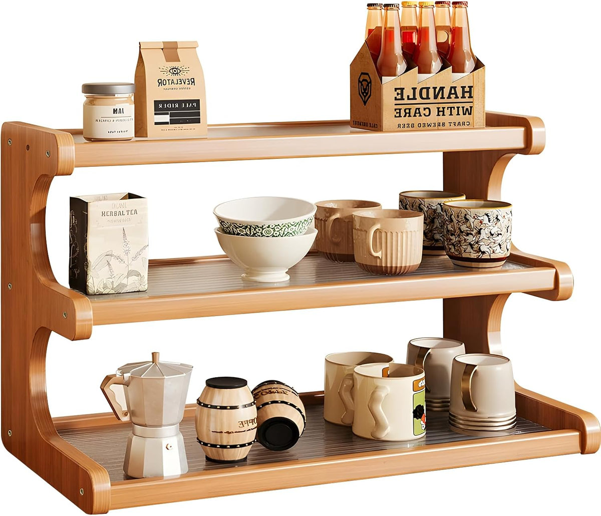 Coffee Station Organizer 3 Tier Coffee Mug Shelf Bamboo Cup Holder Acrylic Home Storage Mugs Hooks for Kitchen Countertops, Tea Bar Accessories