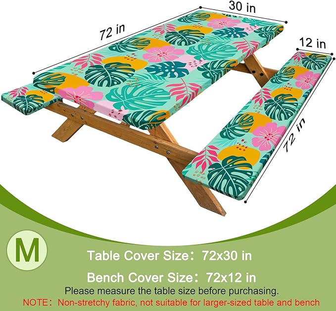 Picnic Table Cover with Bench Covers Windproof Waterproof Picnic Table Covers Camping Tablecloth with Self-Storage Bag, 72in, Light Green