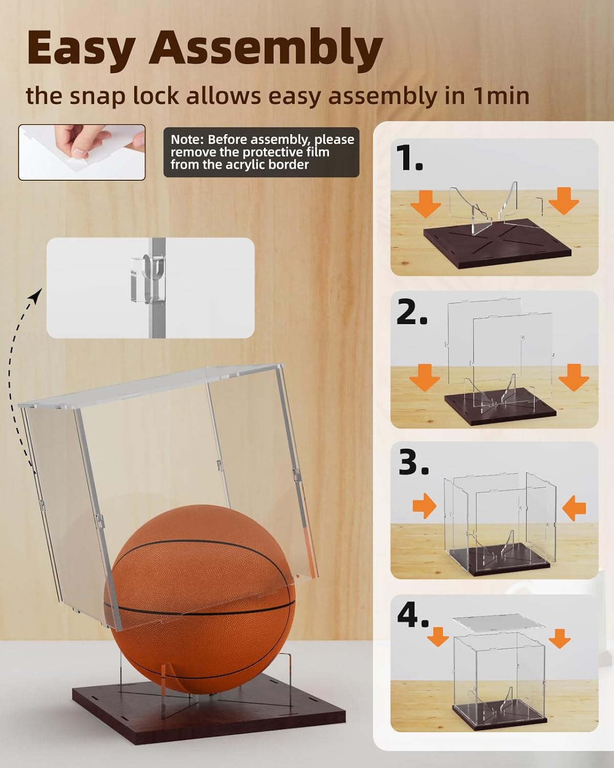 Basketball Display Case Acrylic Clear, UV Protected Basketball Stand Box Full Size with Solid Wood Base