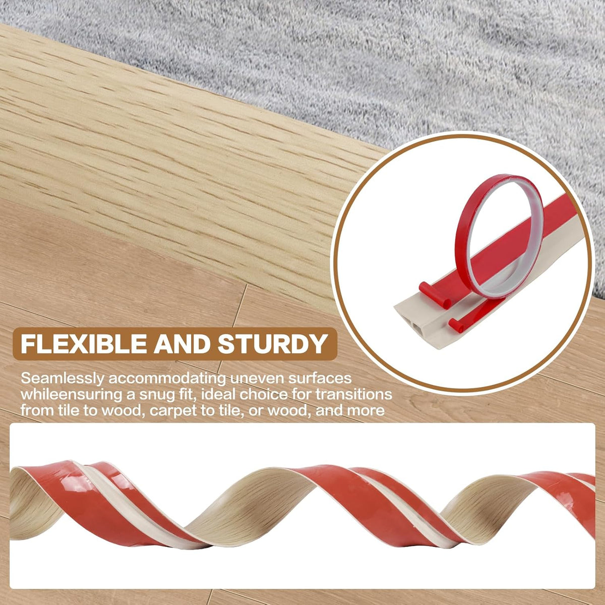 Floor Transition Strip Vinyl Door Threshold Ramp Self Adhesive Carpet Edging Strip Doorway Edge Trim, Overlap Edge Reducer for Laminate Carpet, Floor, Tile (Yellow Wood, 2/5" to 3/5", 3.3Ft)