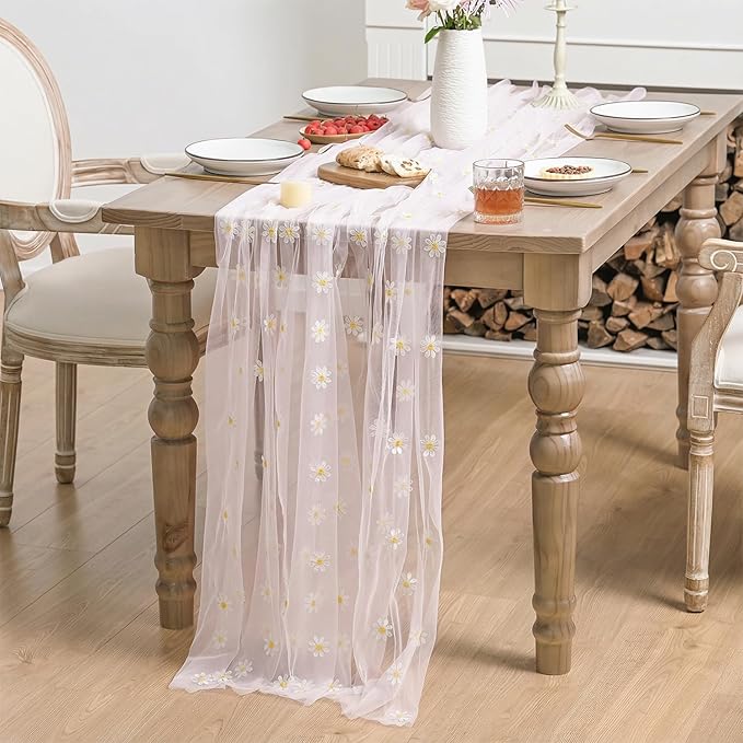 Horaldaily Pink Embroidery Daisy Spring Summer Gauze Tablecloth 60×104 Inch Rectangular, Seasonal Tulle Table Cover, Garden Party Decorations for Wedding, Party, Holiday Dining