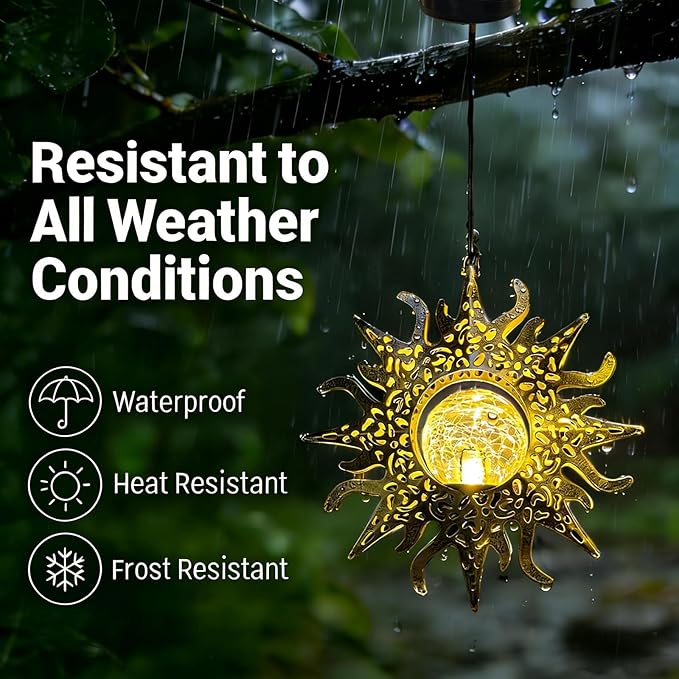 Hanging Solar Lights Outside Lanterns Garden Decorations,2 Pack Metal Sun Outdoor Art Decor for Backyard Balcony Patio Porch Landscape Pathway,Unique Mother's Day Gifts for Women Mom Grandma