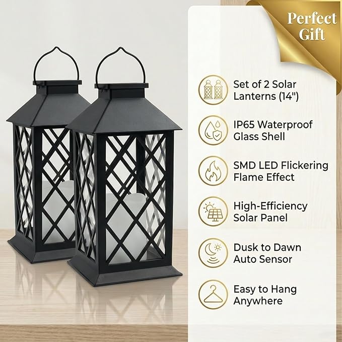 Solar Lanterns Outdoor Waterproof - 2 Pack 14" Large Hanging Solar Lantern with Glass Flickering Flame, IP65 Weatherproof Decorative Lanterns for Garden, Patio, Yard, Porch, Balcony, Gifts Mom Wife