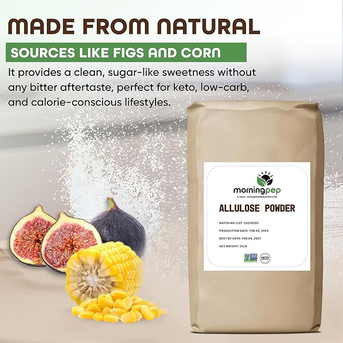 Morning Pep Allulose Sweetener 55 lb – Zero Calorie Sugar Alternative, 100% Pure, No Erythritol, Non-GMO Project Verified, Keto Certified, OU Kosher