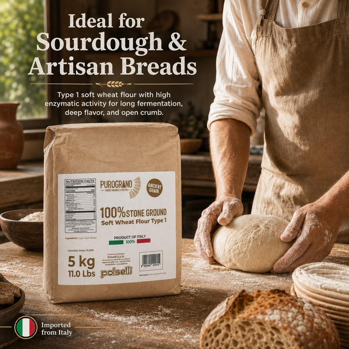 POLSELLI PuroGrano, 100% Stone Ground, Type 1 Soft Wheat Flour, 5 kg | Ancient Italian Grain For Sourdough Bread And Artisan Baking, Unbleached, Unbromated, No Additives, Product Of Italy.