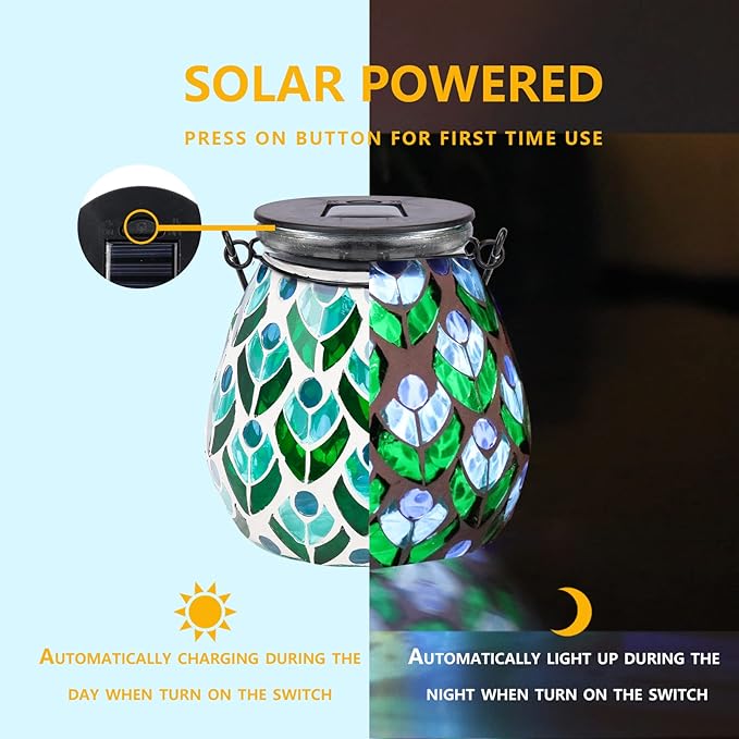 Afirst Mosaic Solar Lanterns Outdoor - Glass Hanging Solar Lights Hollow Out Waterproof Table Lamp Outdoor Decorative for Garden, Patio, Holiday Party Outdoor Decoration