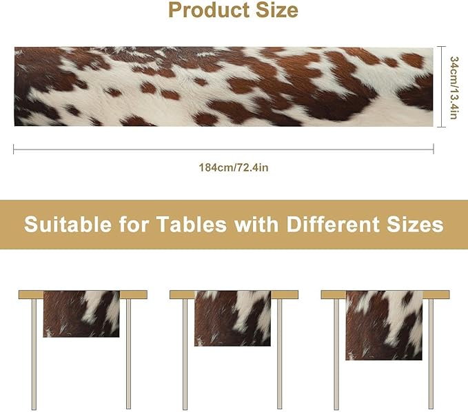 Cow Print Table Runner, Western White Brown Cowhide Rustic Coffee Table Runner for Home Kitchen Dining Room Farmhouse 13x108in