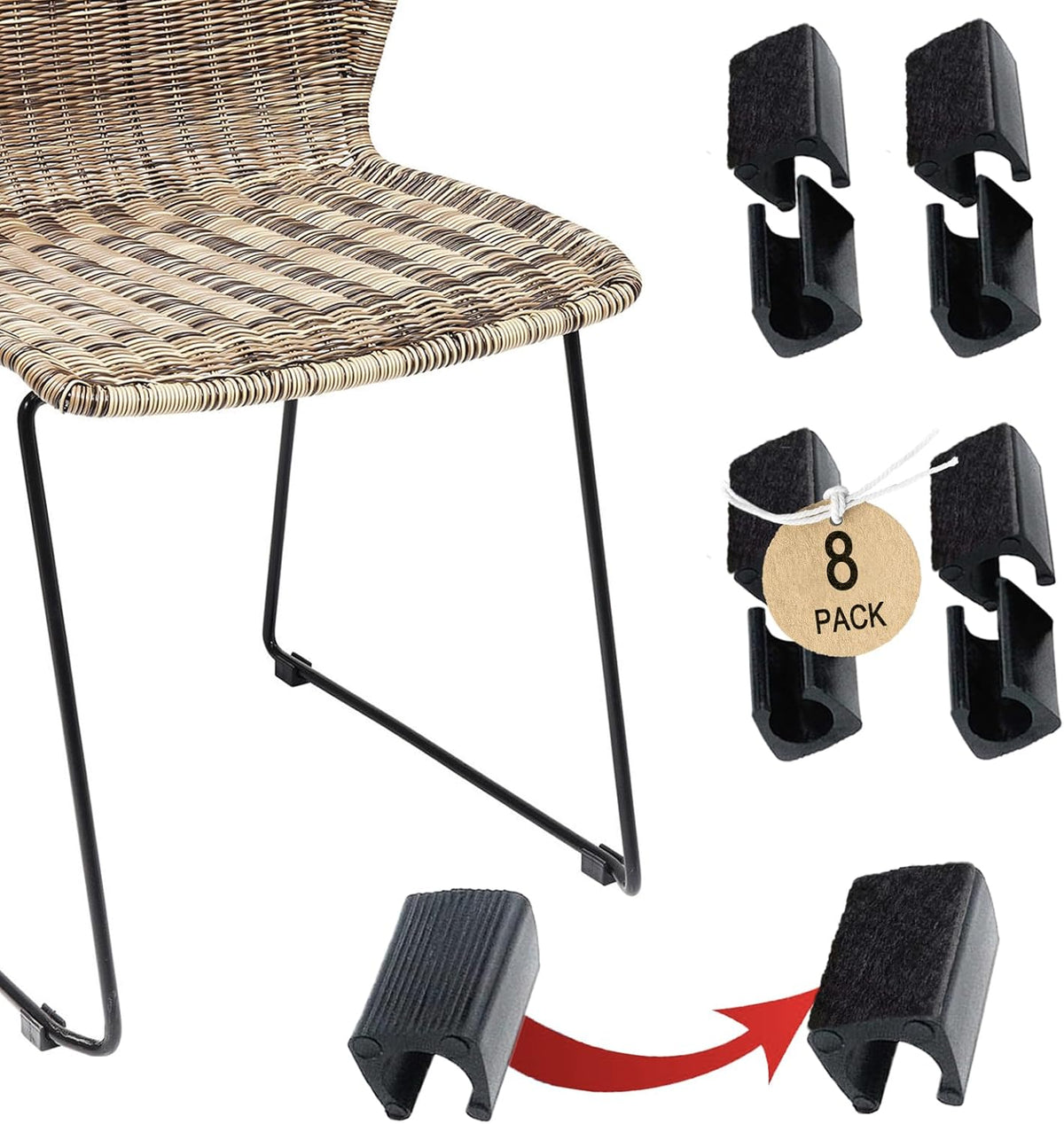 Rectangle U Shaped Chair Leg Tips Caps with Felt Pads,Furniture Feet Protector Slide Smoothly Glides No Scratches No Noise Protect Hardwood Floor,Fit 14mm(9/16inch) Diameter Tubular Leg (Black 8PCS)