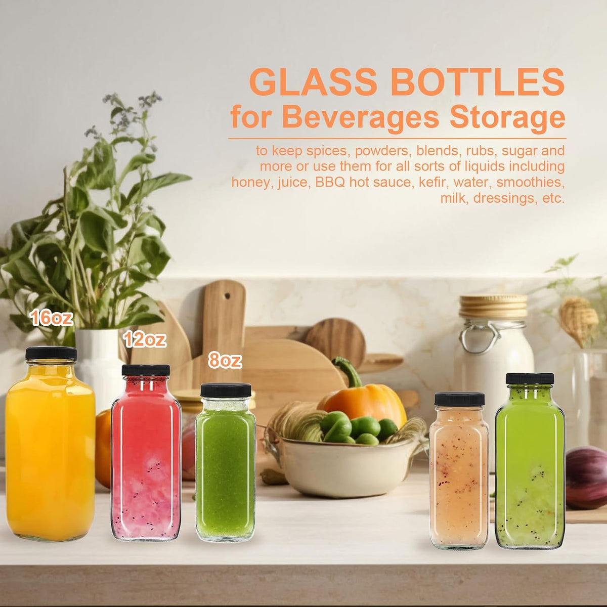 3 pack 8 oz Glass Juice Bottles with Lids, 250 ml Reusable Glass Water Bottles, Empty Drink Containers Drinking Jars with Brush, for Milk, Juicing