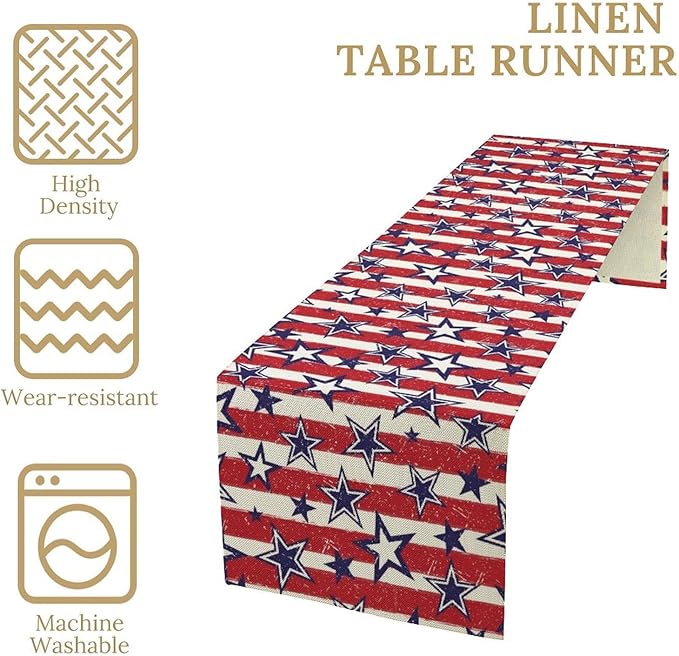 4th of July Table Runner, Vintage American Independence Day Stripes and Stars Patriotic Table Center Decor for Home Kitchen Dining Party Outdoor Holiday 13x108in