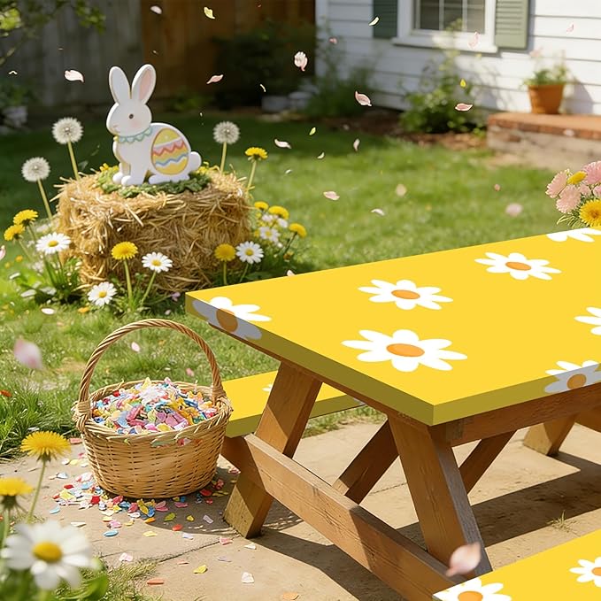 6FT Picnic Table Cover with Bench Covers Set Spring Daisy Decor Waterproof Windproof Camping Rectangle Tablecloths with Elastic Fitted Picnic Table Cover for Easter Spring Table Decor