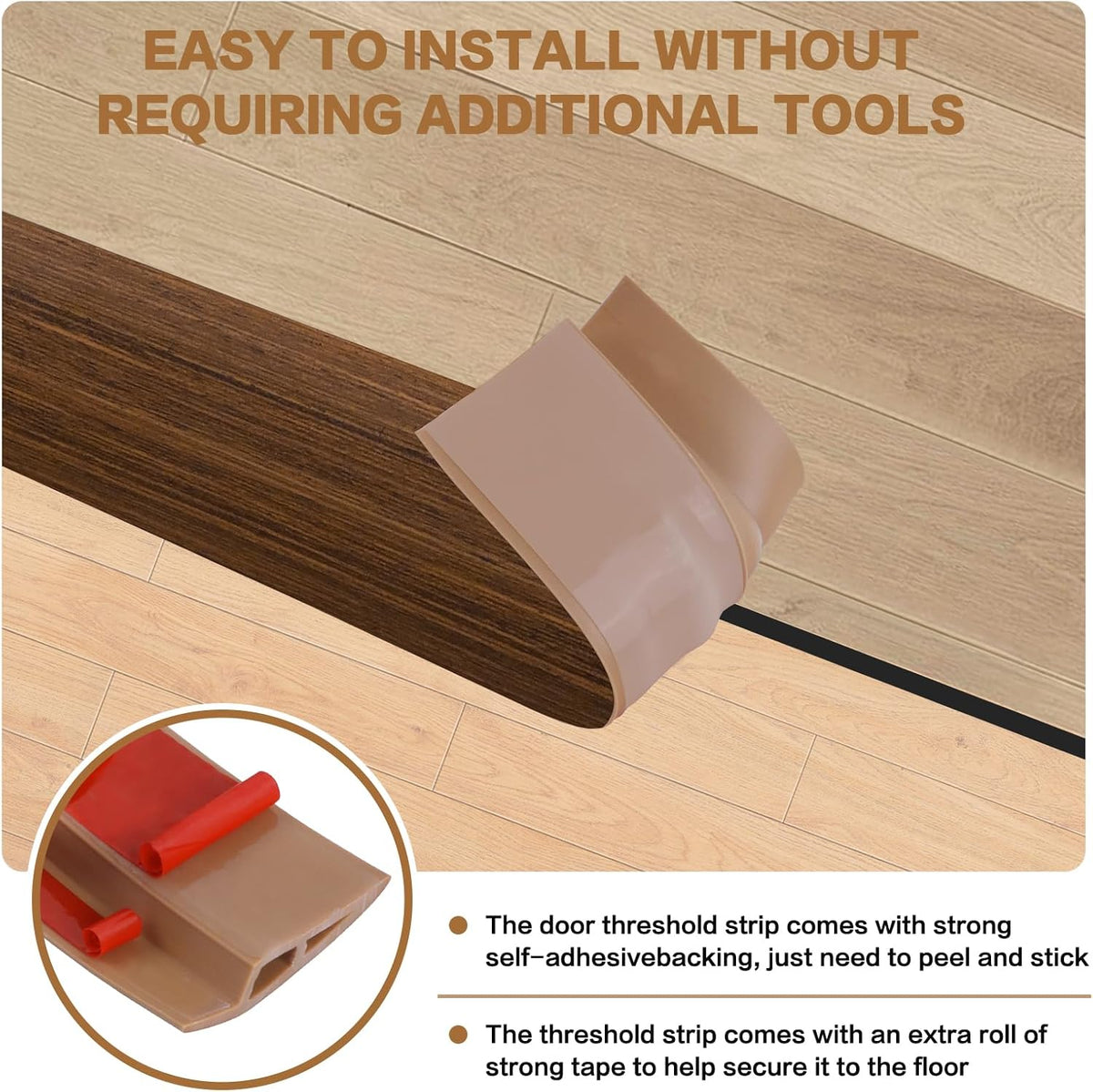 Floor Transition Strip Vinyl Door Threshold Ramp Self Adhesive Carpet Edging Strip Doorway Edge Trim, Overlap Edge Reducer for Laminate Carpet, Floor, Tile (Brown Wood Grain, 2/5" to 3/5", 3.3Ft)
