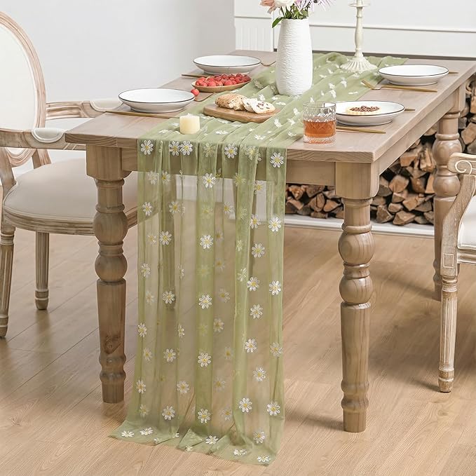 Horaldaily Sage Green Embroidery Daisy Spring Summer Gauze Tablecloth 60×120 Inch Rectangular, Seasonal Tulle Table Cover, Garden Party Decorations for Wedding, Party, Holiday Dining