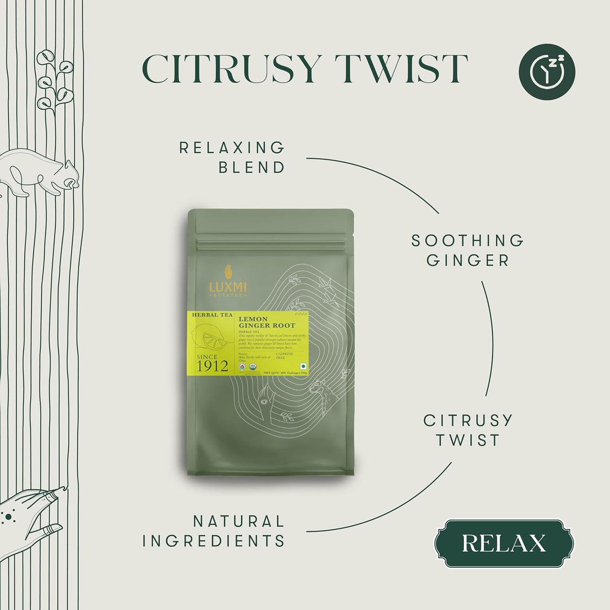 Luxmi Estates Organic Lemon Ginger Tea (50 Tea Bags), Lemon Peel, Ginger, Lemongrass and Licorice for sore throat, aids digestion, help with Nausea