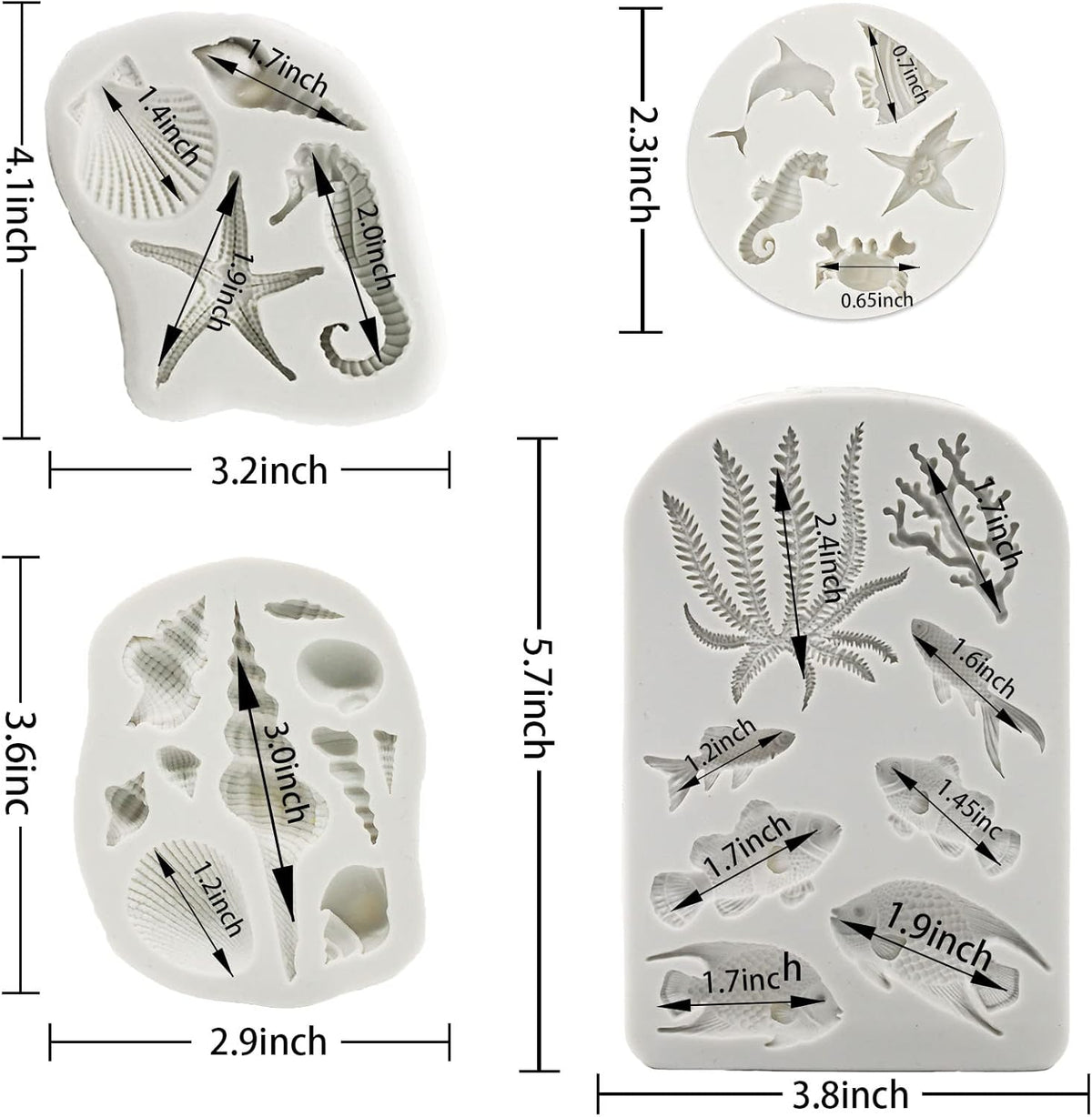 Memovan Marine Theme Silicone Fondant Mold 4pcs Under the Sea Cake Mold Hippocampus Seaweed Sea Fish Crab Coral Conch Sea Shell Silicone Chocolate