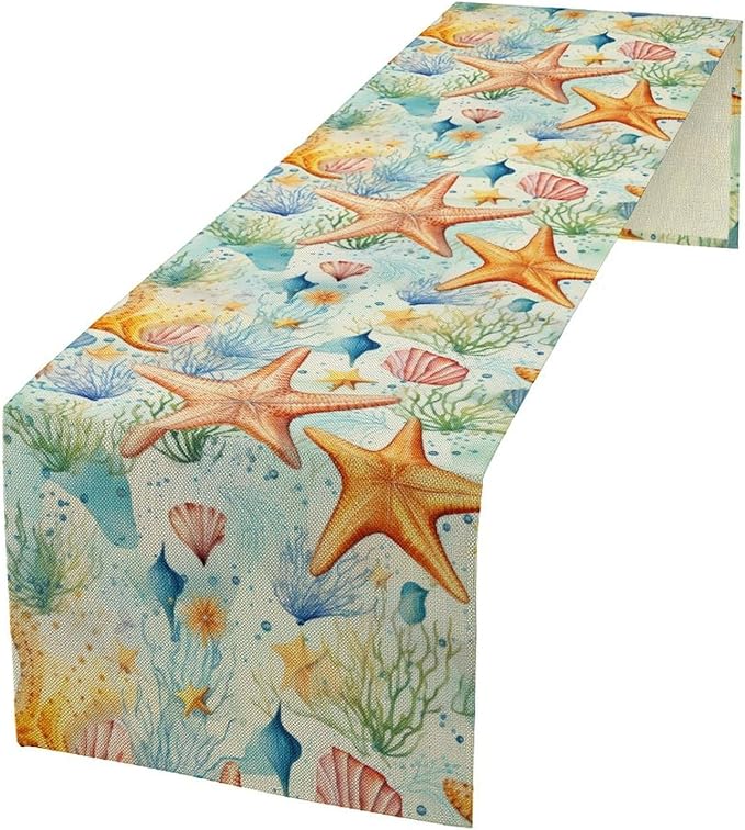 Starfish Conch Shell Table Runners, Season Coastal Marine Life Table Runners for Kitchen Dining Outdoor Home Party 13x108in