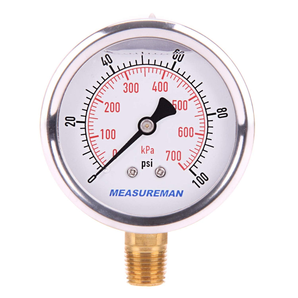 MEASUREMAN Pressure Gauge 1/4 NPT, 0-100psi/kPa Glycerin Filled Pressure Gauge with 2.5 Inch Dial Size and 304 Stainless Steel Case (0-100 psi, Lower Mount)