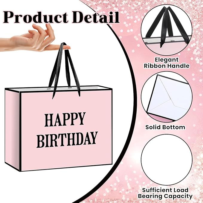 Yomaiha Pink Happy Birthday Gift Bag for Women Girls, Birthday Wrapping Paper Bag with Tissue and Card Pink Black Birth day Party Favors Supplies Decorations 11.8x9.4x5.3 inches