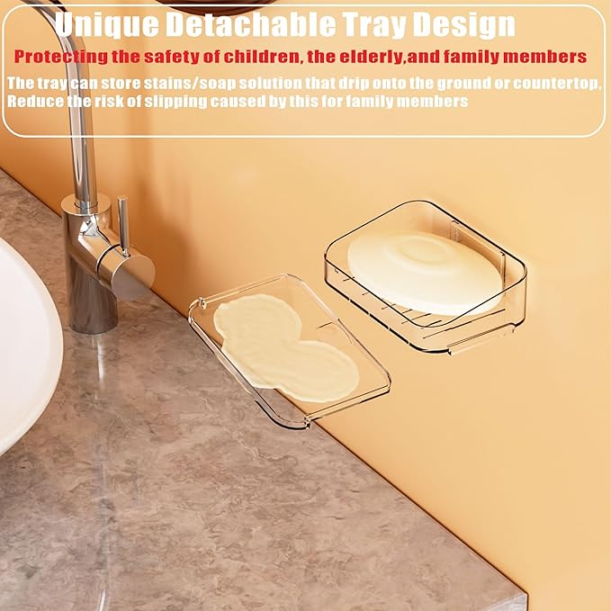 SUOXING Adhesive Bar Soap Holder for Shower Wall,Clear Plastic Soap Savers for Bar Soap,Hanging Soap Rack and Soap Dish Tray for Bathroom with Command,Drill-Free,Pack of 2