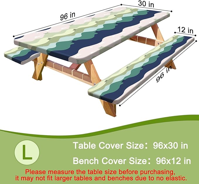 Picnic Table Cover with Bench Covers Portable Table Cloth Built-in Storage Pocket Fitted Tablecloth with Elastic Edges Waterproof Camping Essentials for Indoor Outdoor Rv,96in,Green Cat